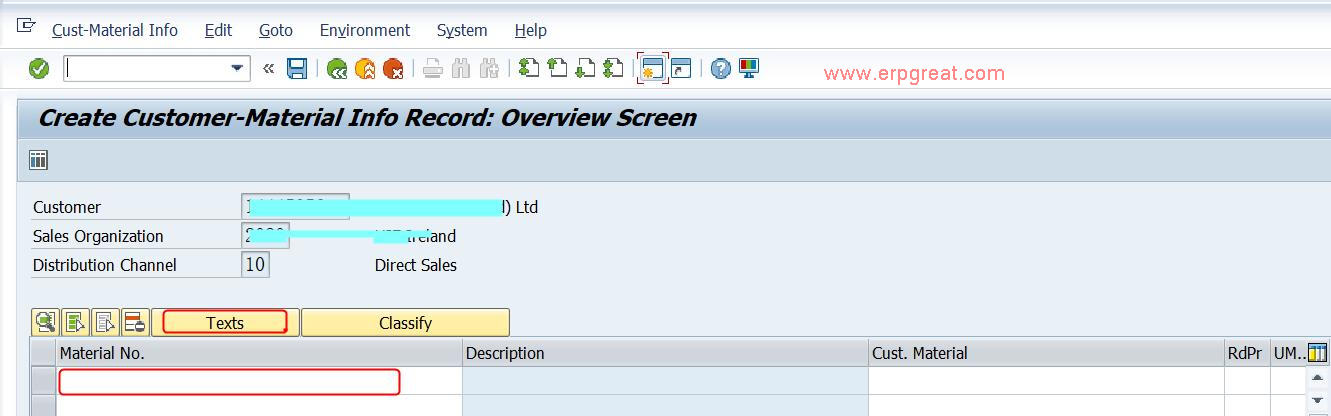 Customer Material Information screen in SAP SD